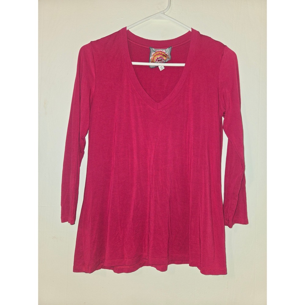 Johnny Was Pink Bamboo Viscose V-Neck Long Sleeve Flare Top  Womens XS